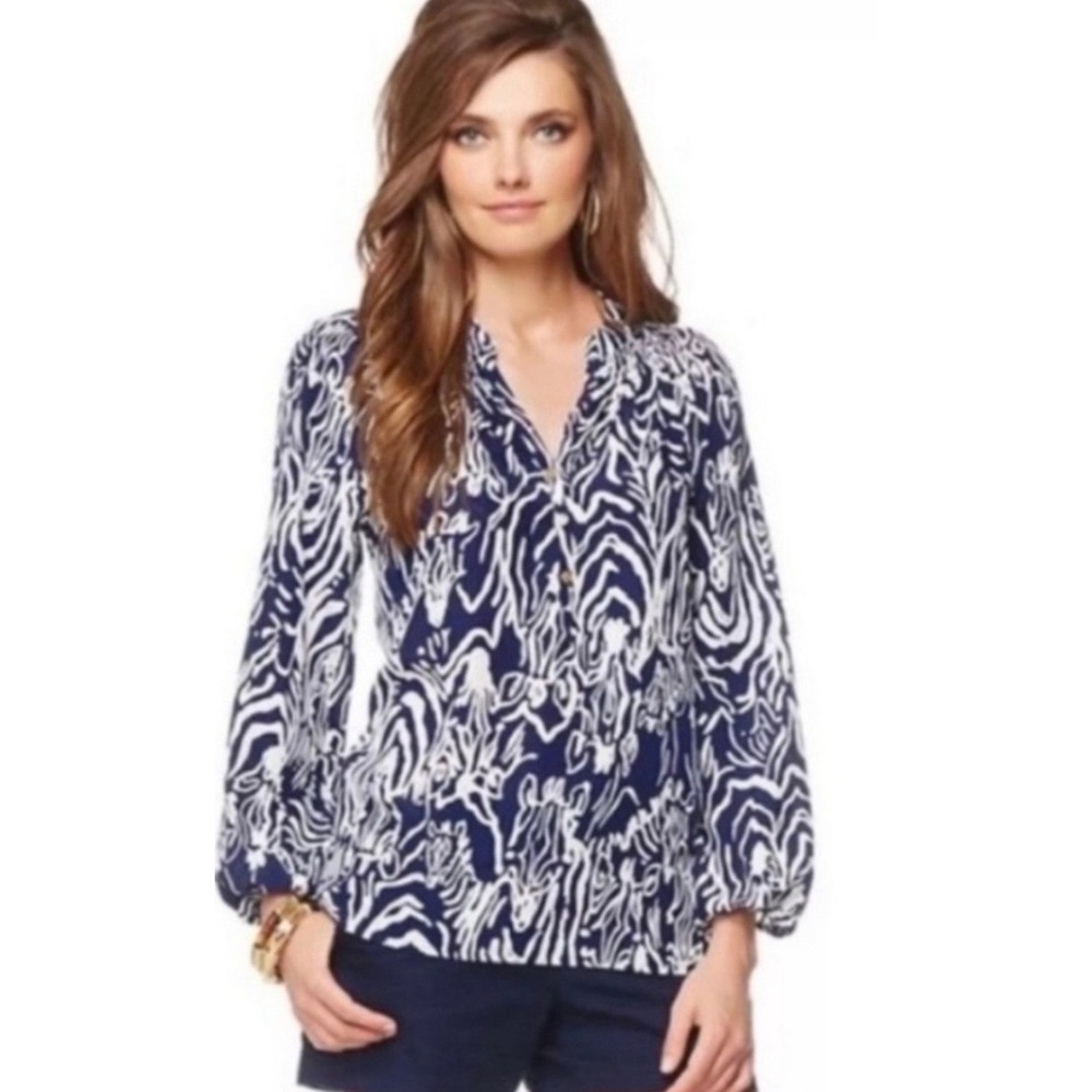 Lilly Pulitzer‎ Elsa Top Navy White In The Ze-bra Print 100% Silk Blouse Small